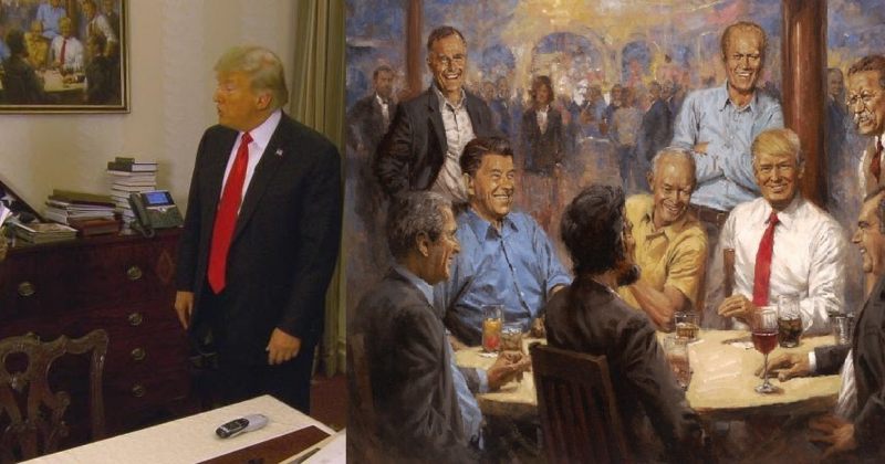 ნახატი თეთრ სახლში, სადაც ტრამპი კოკა-კოლას რესპუბლიკელ ყოფილ პრეზიდენტებთან ერთად სვამს