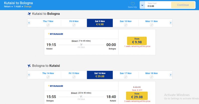 ქუთაისი-ბოლონიის რეისებს Ryanair-ი 9 ნოემბრიდან შეასრულებს, 1 გზის ფასი 10 ევროდან იწყება